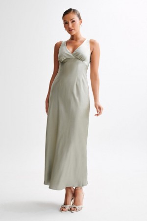 Women's Meshki Meghan Short Sleeve Satin Maxi Dress Green Australia | C4J-8186