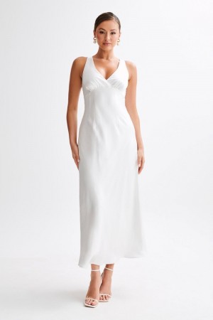 Women's Meshki Meghan Short Sleeve Satin Maxi Dress White Australia | J5J-5317