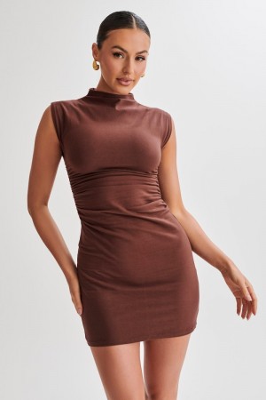 Women's Meshki Melania High Neck Mini Dress Brown Australia | T3K-1804