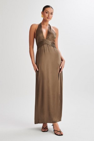 Women's Meshki Milana Halter Maxi Dress Khaki Australia | R5I-5618