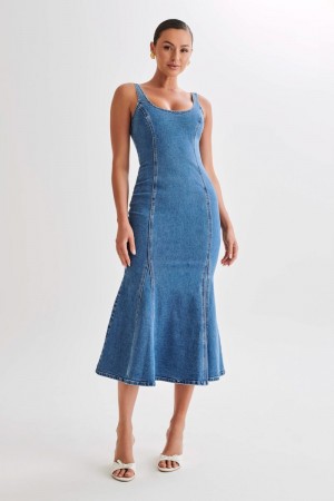 Women's Meshki Milena Denim Midi Dress Blue Australia | P5Q-5634