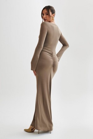 Women's Meshki Millicent Slinky Long Sleeve Maxi Dress Chocolate Australia | Q2E-7861