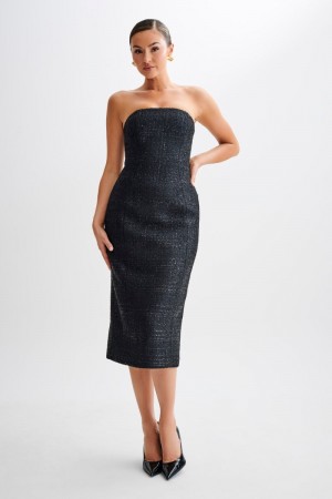 Women's Meshki Monet Tweed Strapless Midi Dress Black Australia | V9C-8010