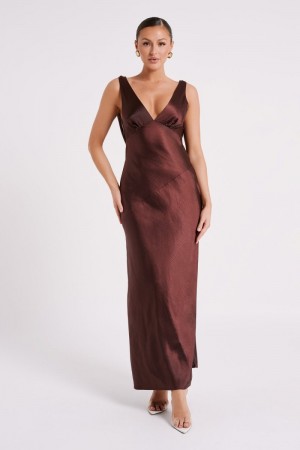 Women's Meshki Nadia Satin Back Cowl Maxi Dress Dark Chocolate Australia | B9H-2650