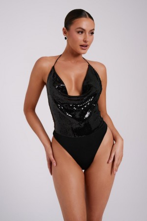 Women's Meshki Nathalie Sequin Cowl Bodysuit Black Australia | M4Z-1782