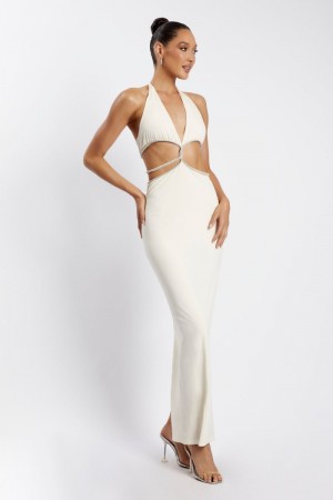 Women's Meshki Nicha Diamante Cut Out Maxi Dress Cream Australia | G9M-4373