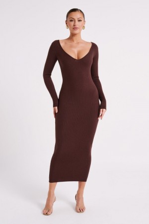 Women's Meshki Nina Long Sleeve Knit Midi Dress Chocolate Australia | B9Z-8841