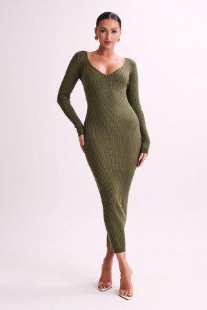 Women's Meshki Nina Long Sleeve Knit Midi Dress Olive Australia | G3S-1612