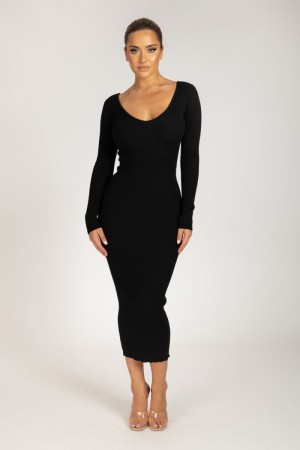 Women's Meshki Nina Long Sleeve Knit Midi Dress Black Australia | U4U-3838