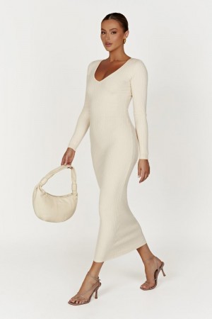 Women's Meshki Nina Long Sleeve Knit Midi Dress Cream Australia | X3A-3311