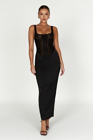 Women's Meshki Octavia Lace Corset Maxi Dress Black Australia | I9T-2084