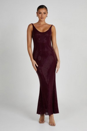 Women's Meshki Pam Square Diamante Maxi Dress Burgundy Australia | T7F-9780