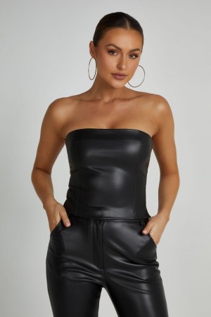 Women's Meshki Pamela Faux Leather Strapless Crop Tops Black Australia | L7O-2265