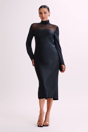 Women's Meshki Patricia High Neck Satin Midi Dress Black Australia | I4E-2571