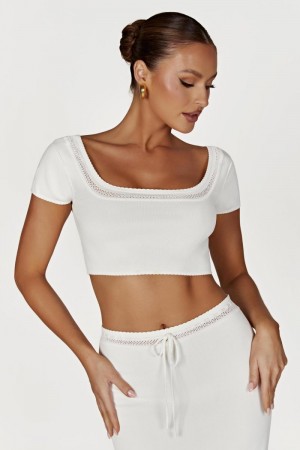 Women's Meshki Penelope Pointelle Knit Crop Tops White Australia | P6X-2707