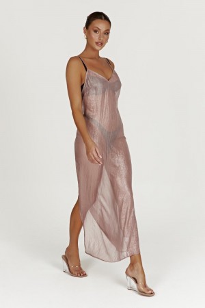 Women's Meshki Phoebe Sheer Iridescent Maxi Dress Skin Pink Australia | H1B-5700