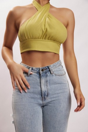 Women's Meshki Piper Halter Neck Linen Crop Tops Green Australia | D8I-4716