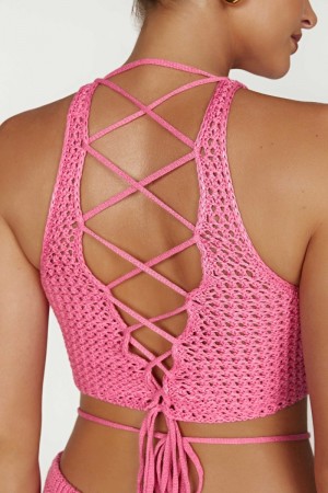 Women's Meshki Raquel Crochet Lace Up Back Tops Pink Australia | L7P-8575