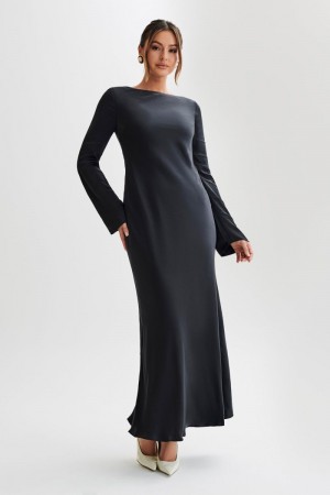 Women's Meshki Rayleigh Long Sleeve Satin Maxi Dress Black Australia | D0W-1552