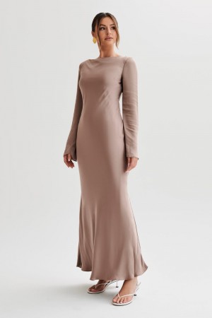 Women's Meshki Rayleigh Long Sleeve Satin Maxi Dress Brown Australia | F2M-2113