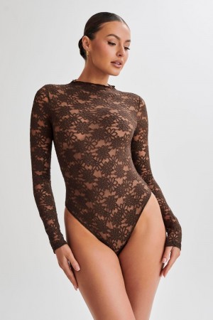 Women's Meshki Renata Lace Long Sleeve Bodysuit Chocolate Australia | T1Z-6724