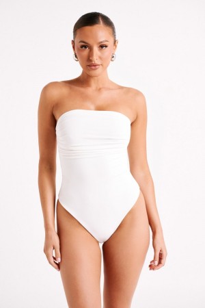 Women's Meshki Romina Recycled Nylon Ruched Bodysuit White Australia | C3D-7210