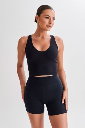 Women's Meshki Rory Ribbed Yoga Tops Black Australia | D4K-3917