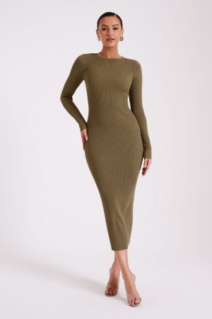 Women's Meshki Rowen Long Sleeve Midi Dress Olive Australia | V9U-2192