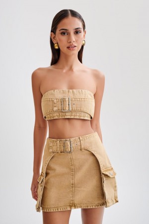 Women's Meshki Rowena Denim Buckle Bandeau Tops Brown Australia | J2E-2558