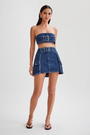 Women's Meshki Rowena Denim Buckle Mini Skirts Dark Blue Australia | R1N-3887