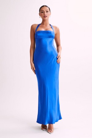 Women's Meshki Sabra Satin Halter Maxi Dress Blue Australia | E9G-6691