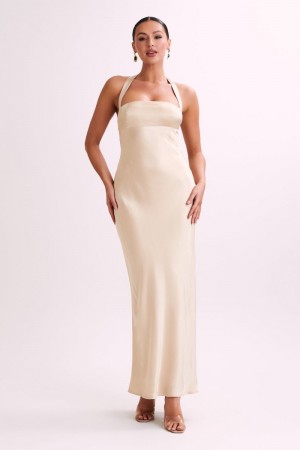 Women's Meshki Sabra Satin Halter Maxi Dress Gold Australia | B6L-0864