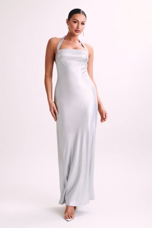 Women's Meshki Sabra Satin Halter Maxi Dress Silver Australia | P2O-7752