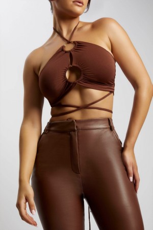 Women's Meshki Sabrina Ruched Halter Crop Tops Chocolate Australia | S0M-7484