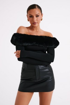 Women's Meshki Sare Off Shoulder Fur Trim Knit Tops Black Australia | Z1B-2285