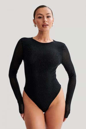 Women's Meshki Selma Long Sleeve Diamante Bodysuit Black / Black Australia | U7X-2189