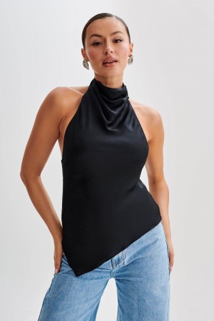 Women's Meshki Seraphine Satin Halter Tops Black Australia | P8Z-0244