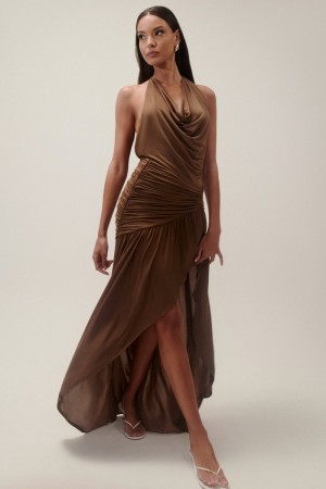 Women's Meshki Serenity Ruched Slinky Maxi Dress Chocolate Australia | P9D-2377