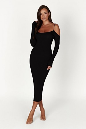 Women's Meshki Shea Off Shoulder Knit Midi Dress Black Australia | J0O-9303