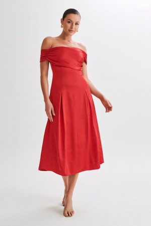 Women's Meshki Sofie Off Shoulder Midi Dress Red Australia | G9M-8257