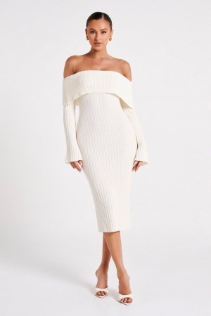 Women's Meshki Stefania Off Shoulder Knit Midi Dress White Australia | T2P-3572