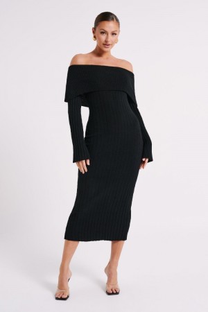 Women's Meshki Stefania Off Shoulder Knit Midi Dress Black Australia | G9E-0644