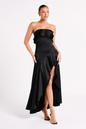 Women's Meshki Sulianna Strapless Ruffle Midi Dress Black Australia | L3C-7437