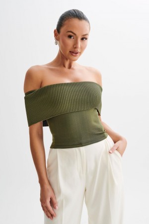 Women's Meshki Susanna Off Shoulder Knit Tops Olive Australia | X2Z-5255