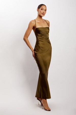 Women's Meshki Sydney Straight Neck Slip Maxi Dress Khaki Australia | F1H-1282