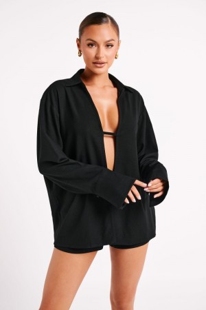 Women's Meshki Tasha Oversized Linen Shirts Black Australia | A5K-0606