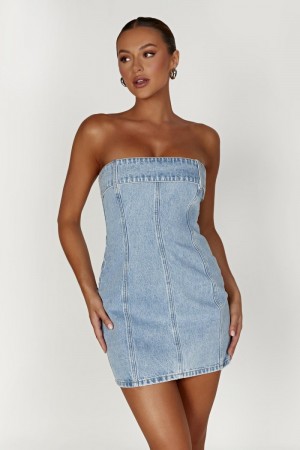 Women's Meshki Teddi Denim Mini Dress Blue Australia | E2O-2680