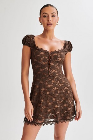 Women's Meshki Temperance Lace A-Line Mini Dress Chocolate Australia | K8N-9605