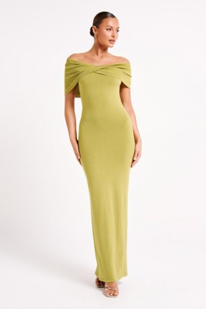 Women's Meshki Terese Off Shoulder Knit Maxi Dress Green Australia | J7M-4191