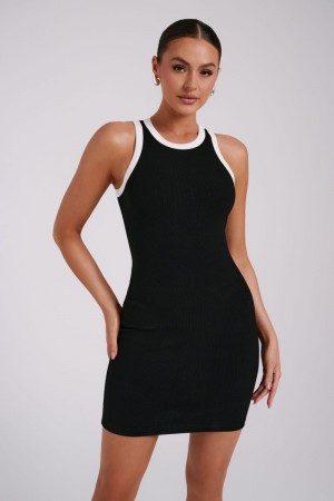 Women's Meshki Tina Ribbed Racer Neck Mini Dress Black Australia | J4N-4126